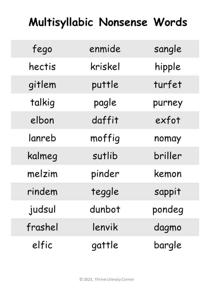 multisyllabic nonsense words lists
