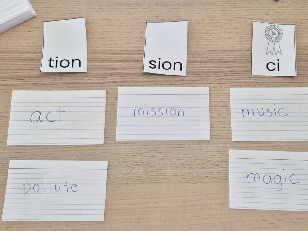 word sort for syllables beginning with the /sh/ sound spelled as -tion, -sion, and ci.