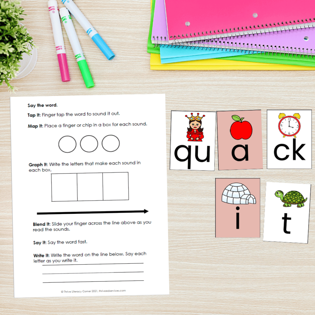 phoneme grapheme mapping worksheet and grapheme cards on a desk