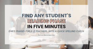 FIND ANY STUDENT’S / READING PHASE / IN FIVE MINUTES, with “Ehri’s phases for K-2 teachers, with a quick spelling check” underneath.